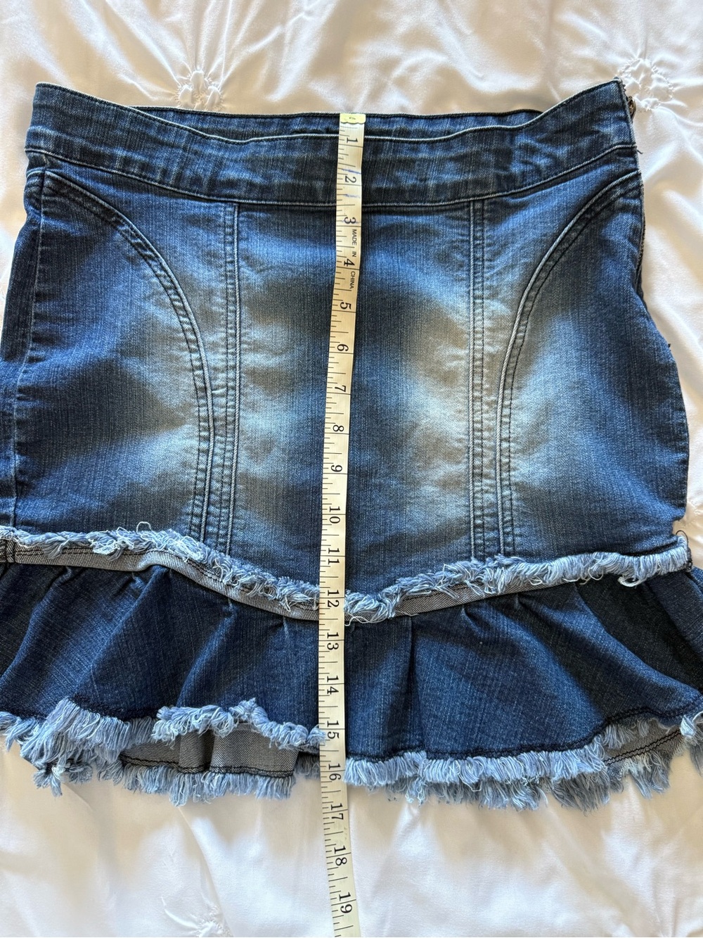 bebe Dark Blue Ruffle Hem Denim Mini Skirt